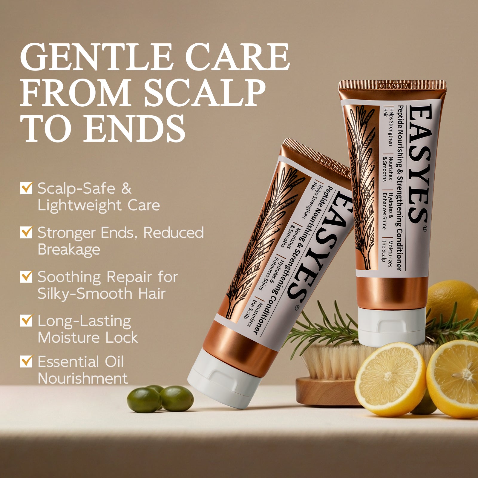 EASYES peptide conditioner highlighting gentle care from scalp to ends with botanical elements